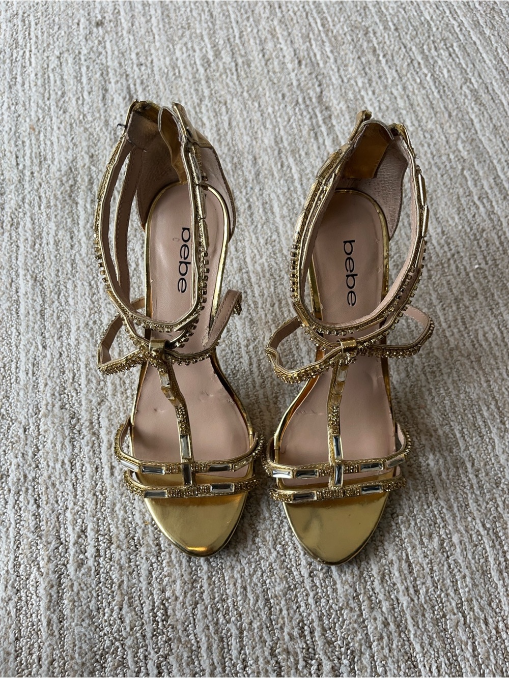 vintage bebe Gold bedazzled strappy heels